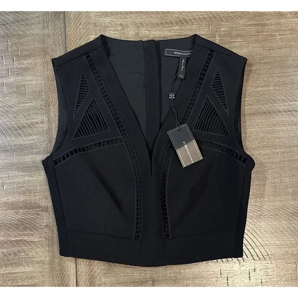 NWT BCBG MAXAZRIA Black Deep V-Neck Tank Crop Mesh Cutouts Womens Size XXS $198 - Picture 13 of 13